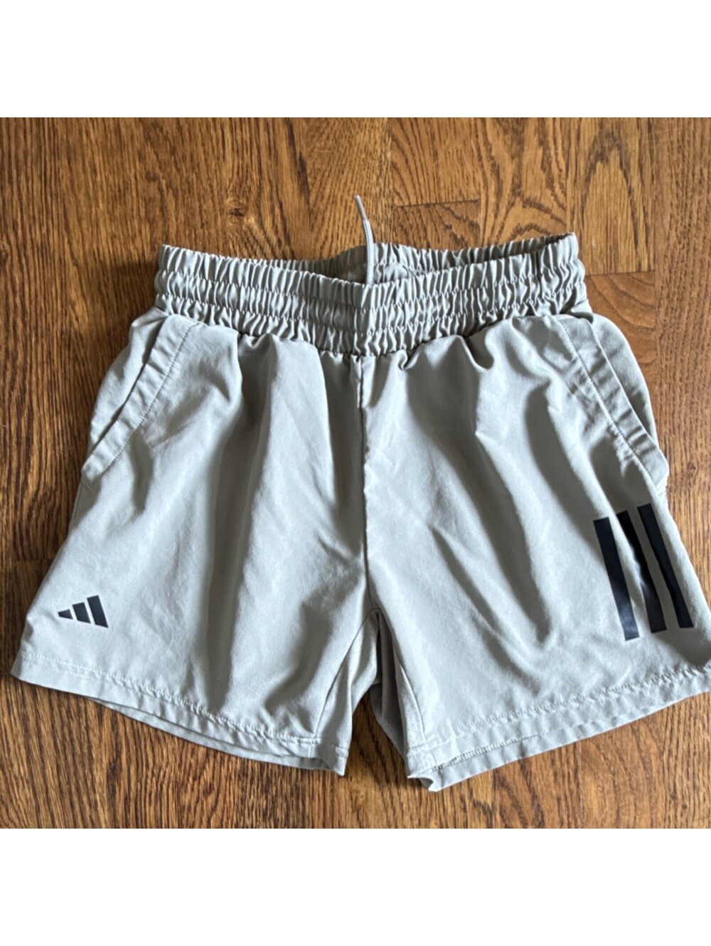 adidas Boys 11-12Y Club Stripe Athletic Shorts Gray Green Elastic Waist
